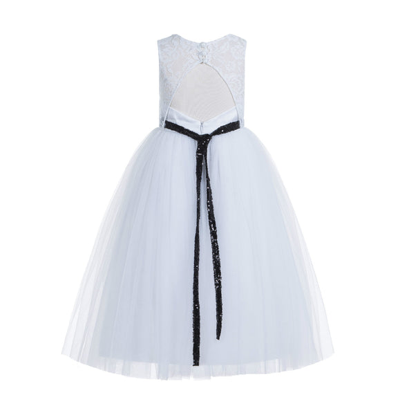 White Lace Tulle Scoop Neck Keyhole Back A-Line Junior Flower Girl Dress Pageant Gown Baptism 178