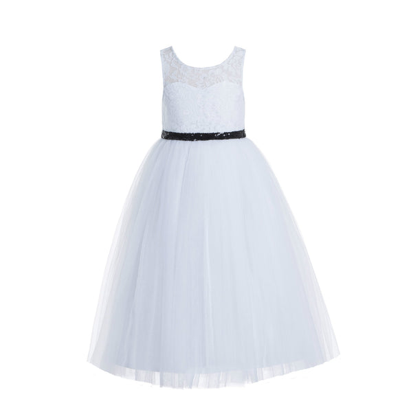 White Lace Tulle Scoop Neck Keyhole Back A-Line Junior Flower Girl Dress Pageant Gown Baptism 178