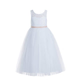 White Lace Tulle Scoop Neck Keyhole Back A-Line Junior Flower Girl Dress Pageant Gown Baptism 178