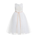 Ivory Lace Tulle Scoop Neck Keyhole Back A-Line Junior Flower Girl Dress Pageant Gown Communion 178
