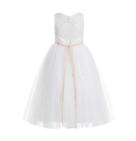 Ivory Lace Tulle Scoop Neck Keyhole Back A-Line Junior Flower Girl Dress Pageant Gown Communion 178