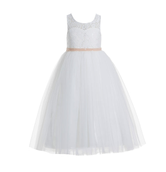 Ivory Lace Tulle Scoop Neck Keyhole Back A-Line Junior Flower Girl Dress Pageant Gown Communion 178