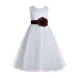 White V-Back Lace Edge Flower Girl Dress Junior Pageant Special Occasion Formal Evening Gown 183T(1)