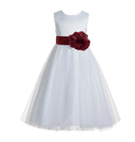 White V-Back Lace Edge Flower Girl Dress Junior Pageant Special Occasion Formal Evening Gown 183T(2)