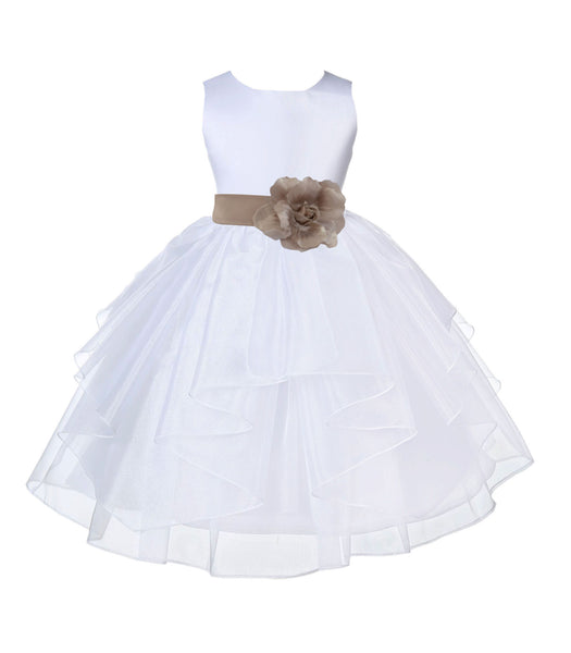 White Satin Shimmering Organza Flower Girl Dress Junior Formal Pageant Baptism Christening 4613T(1)