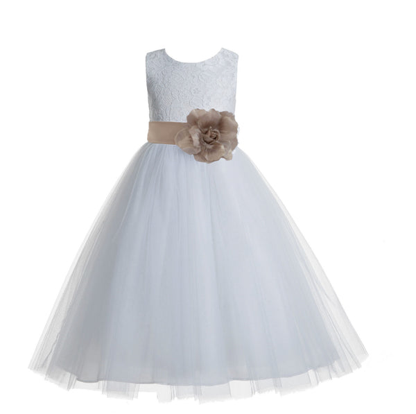White Floral Lace Heart Cutout Flower Girl Dress Communion Baptism Junior Bridesmaid Dress 172T(1)
