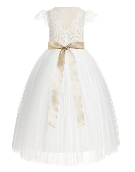 Ivory Cap Sleeves V-Back Lace Flower Girl Dresses for Wedding Reception Junior Bridesmaid Gown 622R3