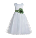 White V-Back Lace Edge Flower Girl Dress Junior Pageant Special Occasion Formal Evening Gown 183T(1)