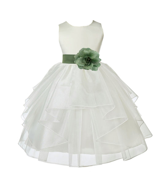 Ivory Satin Shimmering Organza Flower Girl Dress Junior Formal Pageant Baptism Christening 4613T(4)