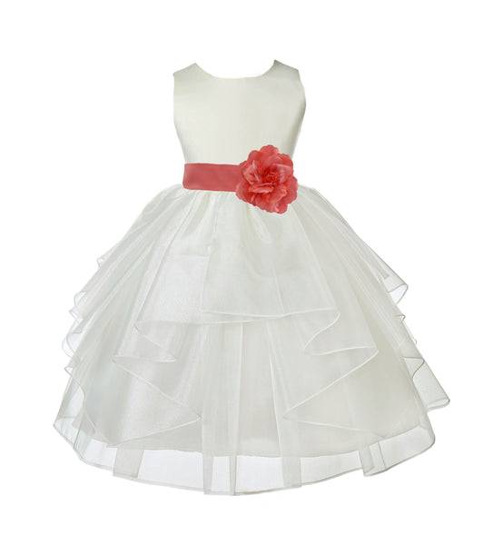 Ivory Satin Shimmering Organza Flower Girl Dress Junior Formal Pageant Baptism Christening 4613T(4)