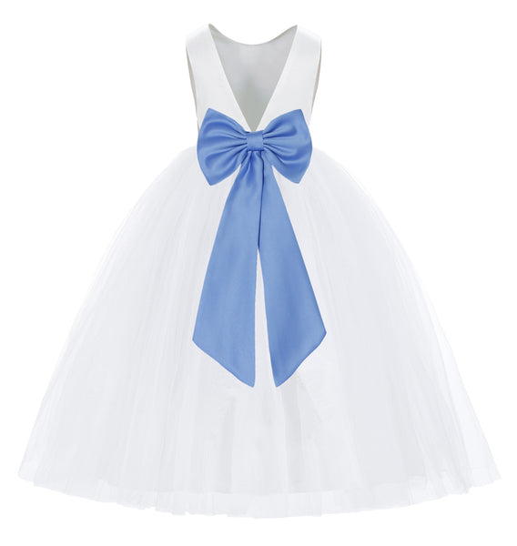 White V-Back Satin Flower Girl Dresses with Colored Sash Special Occasion Formal Events 219T(2)