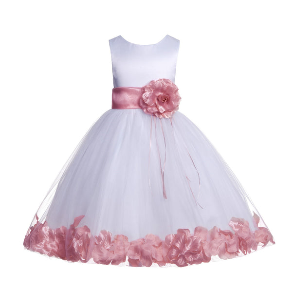 White Tulle Floral Rose Petals Princess Wedding Pageant Recital Birthday Flower Girl Dress 007(3)