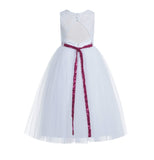 White Lace Tulle Scoop Neck Keyhole Back A-Line Junior Flower Girl Dress Pageant Gown Baptism 178