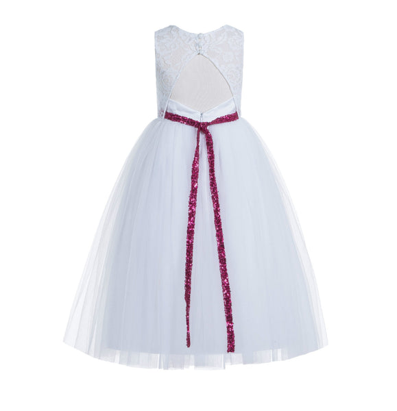 White Lace Tulle Scoop Neck Keyhole Back A-Line Junior Flower Girl Dress Pageant Gown Baptism 178
