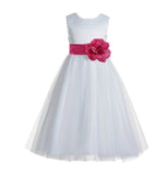 White V-Back Lace Edge Flower Girl Dress Junior Pageant Special Occasion Formal Evening Gown 183T(2)