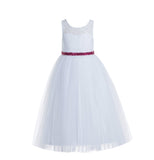 White Lace Tulle Scoop Neck Keyhole Back A-Line Junior Flower Girl Dress Pageant Gown Baptism 178