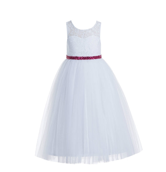 White Lace Tulle Scoop Neck Keyhole Back A-Line Junior Flower Girl Dress Pageant Gown Baptism 178