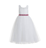 Ivory Lace Tulle Scoop Neck Keyhole Back A-Line Junior Flower Girl Dress Pageant Gown Communion 178