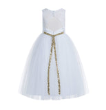 White Lace Tulle Scoop Neck Keyhole Back A-Line Junior Flower Girl Dress Pageant Gown Baptism 178