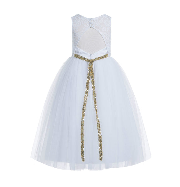 White Lace Tulle Scoop Neck Keyhole Back A-Line Junior Flower Girl Dress Pageant Gown Baptism 178
