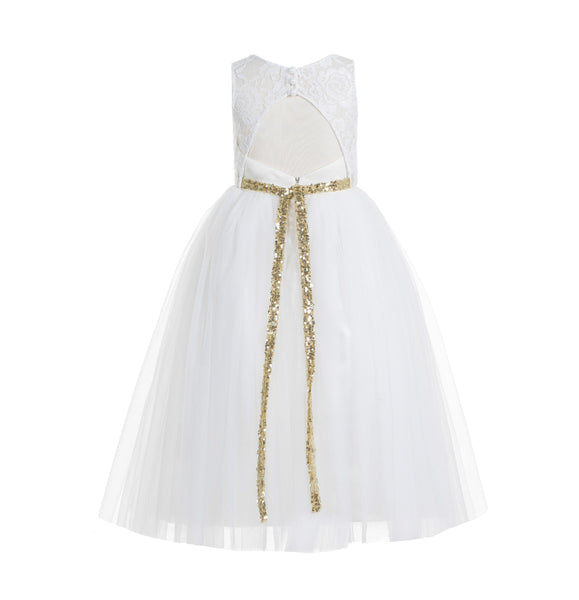 Ivory Lace Tulle Scoop Neck Keyhole Back A-Line Junior Flower Girl Dress Pageant Gown Communion 178