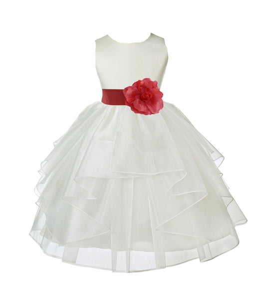 Ivory Satin Shimmering Organza Flower Girl Dress Junior Formal Pageant Baptism Christening 4613T(3)