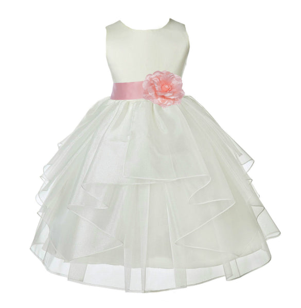 Ivory Satin Shimmering Organza Flower Girl Dress Junior Formal Pageant Baptism Christening 4613T(1)