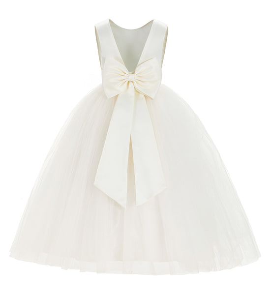 Ivory V-Back Satin Flower Girl Dresses with Colored Sash Special Events Formal Evening Gown 219T(1)