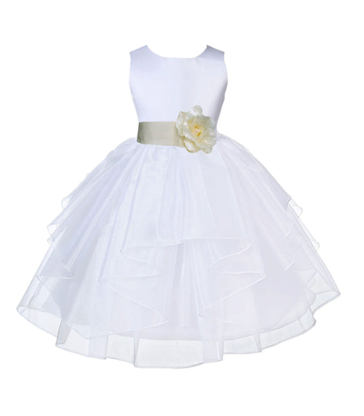 White Satin Shimmering Organza Flower Girl Dress Junior Formal Pageant Baptism Christening 4613T(2)