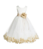 Ivory Tulle Floral Rose Petals Princess Wedding Pageant Recital Birthday Flower Girl Dress 007(1)