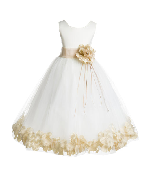 Ivory Tulle Floral Rose Petals Princess Wedding Pageant Recital Birthday Flower Girl Dress 007(1)