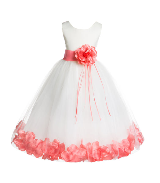 Ivory Tulle Floral Rose Petals Princess Wedding Pageant Recital Birthday Flower Girl Dress 007(1)