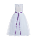 White Lace Tulle Scoop Neck Keyhole Back A-Line Junior Flower Girl Dress Pageant Gown Baptism 178