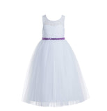 White Lace Tulle Scoop Neck Keyhole Back A-Line Junior Flower Girl Dress Pageant Gown Baptism 178