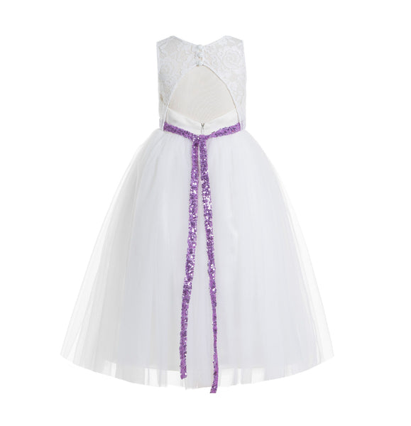 Ivory Lace Tulle Scoop Neck Keyhole Back A-Line Junior Flower Girl Dress Pageant Gown Communion 178