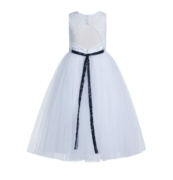 White Lace Tulle Scoop Neck Keyhole Back A-Line Junior Flower Girl Dress Pageant Gown Baptism 178