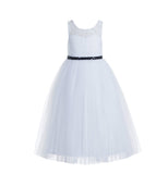 White Lace Tulle Scoop Neck Keyhole Back A-Line Junior Flower Girl Dress Pageant Gown Baptism 178