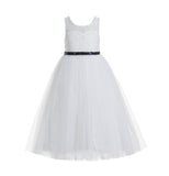 Ivory Lace Tulle Scoop Neck Keyhole Back A-Line Junior Flower Girl Dress Pageant Gown Communion 178