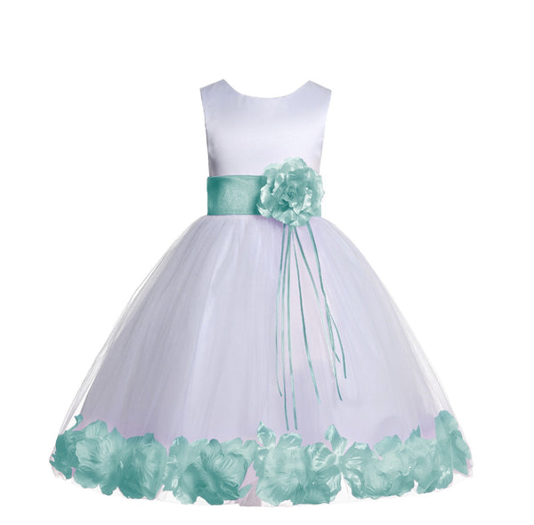 White Tulle Floral Rose Petals Princess Wedding Pageant Recital Birthday Flower Girl Dress 007(3)