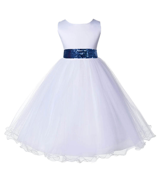 White Formal Wedding Pageant Special Occasion Rattail Edge Tulle Sequin Mesh Flower Girl Dress 829mh