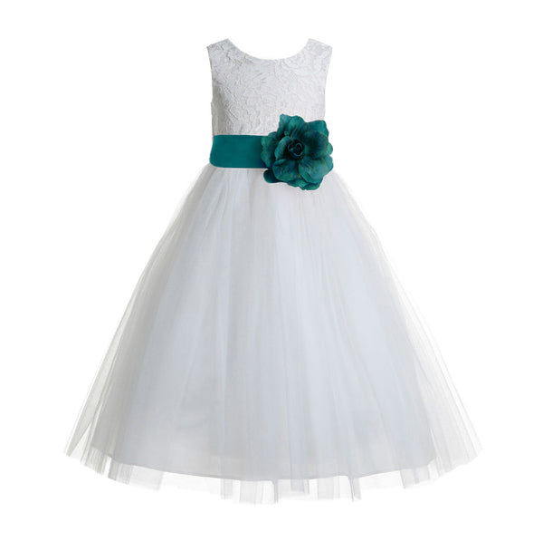 White Floral Lace Heart Cutout Flower Girl Dress Communion Baptism Junior Bridesmaid Dress 172T(3)