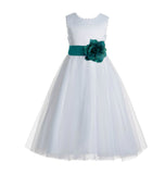 White V-Back Lace Edge Flower Girl Dress Junior Pageant Special Occasion Formal Evening Gown 183T(3)