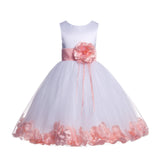 White Tulle Floral Rose Petals Princess Wedding Pageant Recital Birthday Flower Girl Dress 007(2)