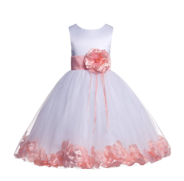 White Tulle Floral Rose Petals Princess Wedding Pageant Recital Birthday Flower Girl Dress 007(2)