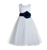 White V-Back Lace Edge Flower Girl Dress Junior Pageant Special Occasion Formal Evening Gown 183T(1)