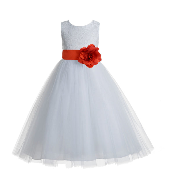 White Floral Lace Heart Cutout Flower Girl Dress Communion Baptism Junior Bridesmaid Dress 172T(4)