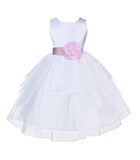 White Satin Shimmering Organza Flower Girl Dress Junior Formal Pageant Baptism Christening 4613T(1)