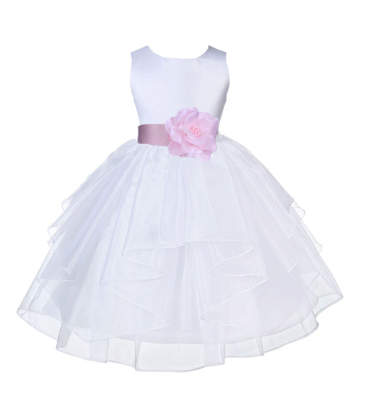 White Satin Shimmering Organza Flower Girl Dress Junior Formal Pageant Baptism Christening 4613T(1)