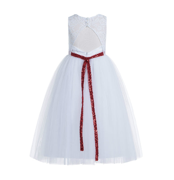 White Lace Tulle Scoop Neck Keyhole Back A-Line Junior Flower Girl Dress Pageant Gown Baptism 178