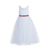 White Lace Tulle Scoop Neck Keyhole Back A-Line Junior Flower Girl Dress Pageant Gown Baptism 178